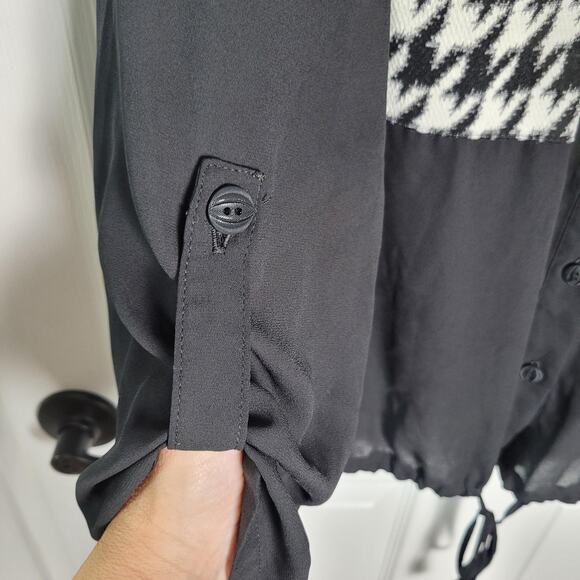 Frank Lyman Shirt 20 Plus Black Houndstooth Trim Sheer Button Drawstring Hem - Picture 5 of 11
